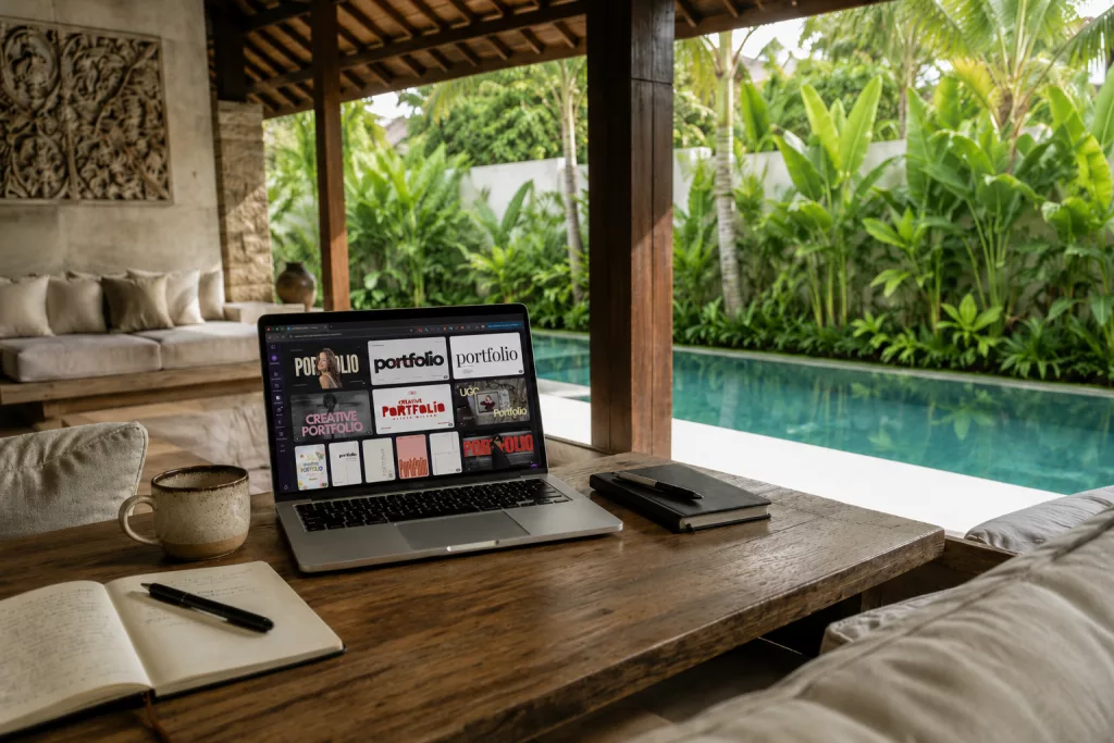 Aufgeklappter Laptop auf einem Tisch mit einer Übersicht an möglichen Portfolio-Vorlagen von Canva für das Destination Thailand Visa