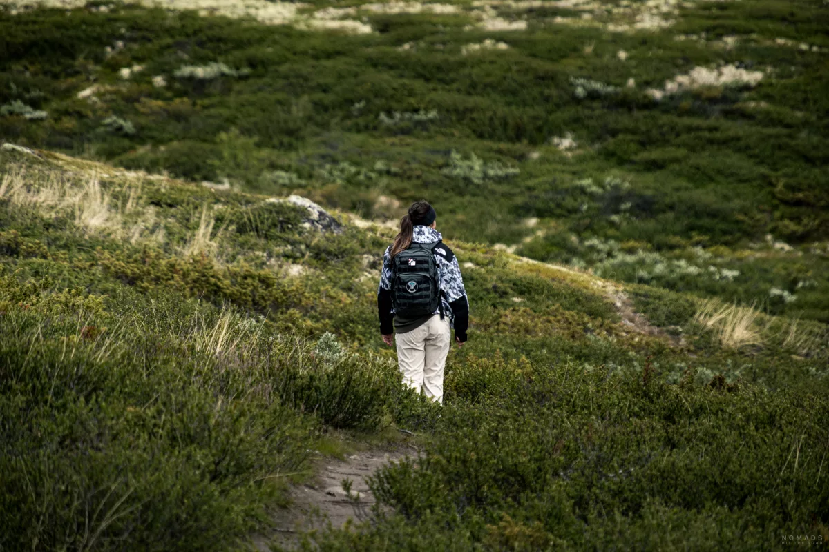 Frau mit Rucksack läuft auf dem Musk Ox Trail in Dovrefjell umgeben von einer grünen Ebene