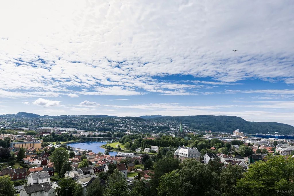 Blick auf die Stadt Trondheim mit ihrem Dom, Fluss und den typischen norwegischen Häusern inmitten von viel Grün