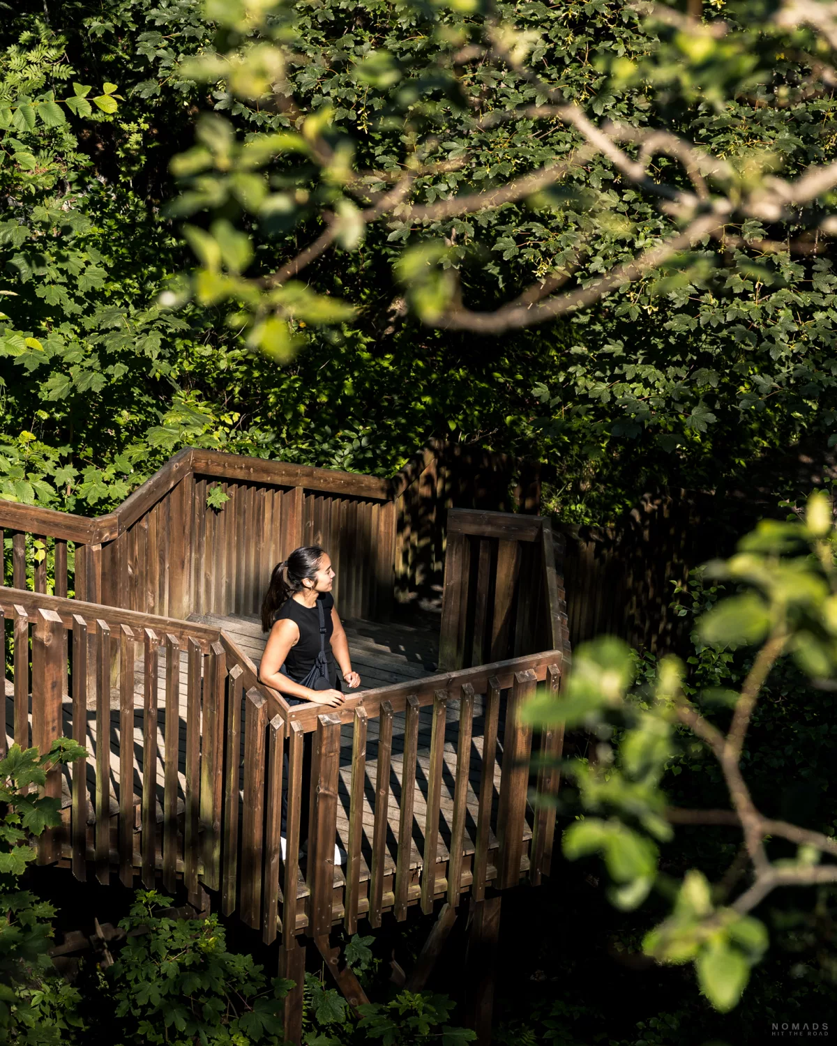 Frau steht auf einer Holztreppe mitten im Wald