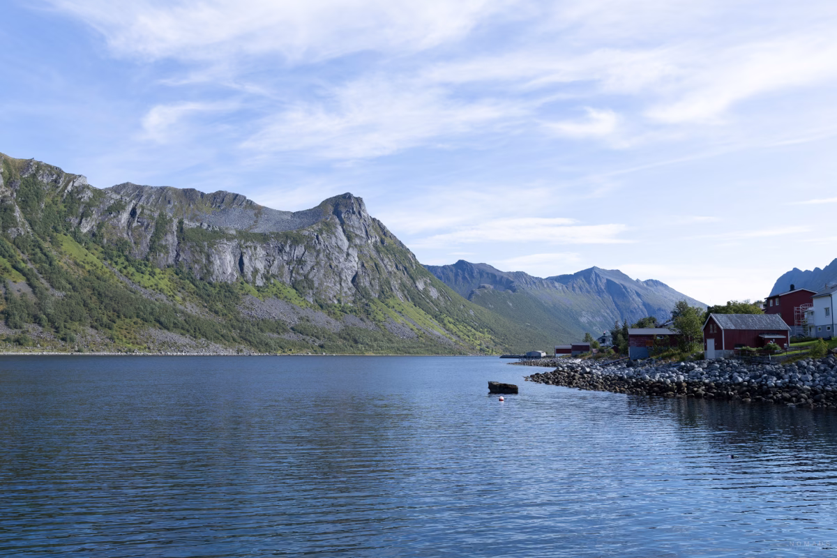 Blick auf den Fjord und das Gebirge sowie Häuser im Hafen von Gryllefjord